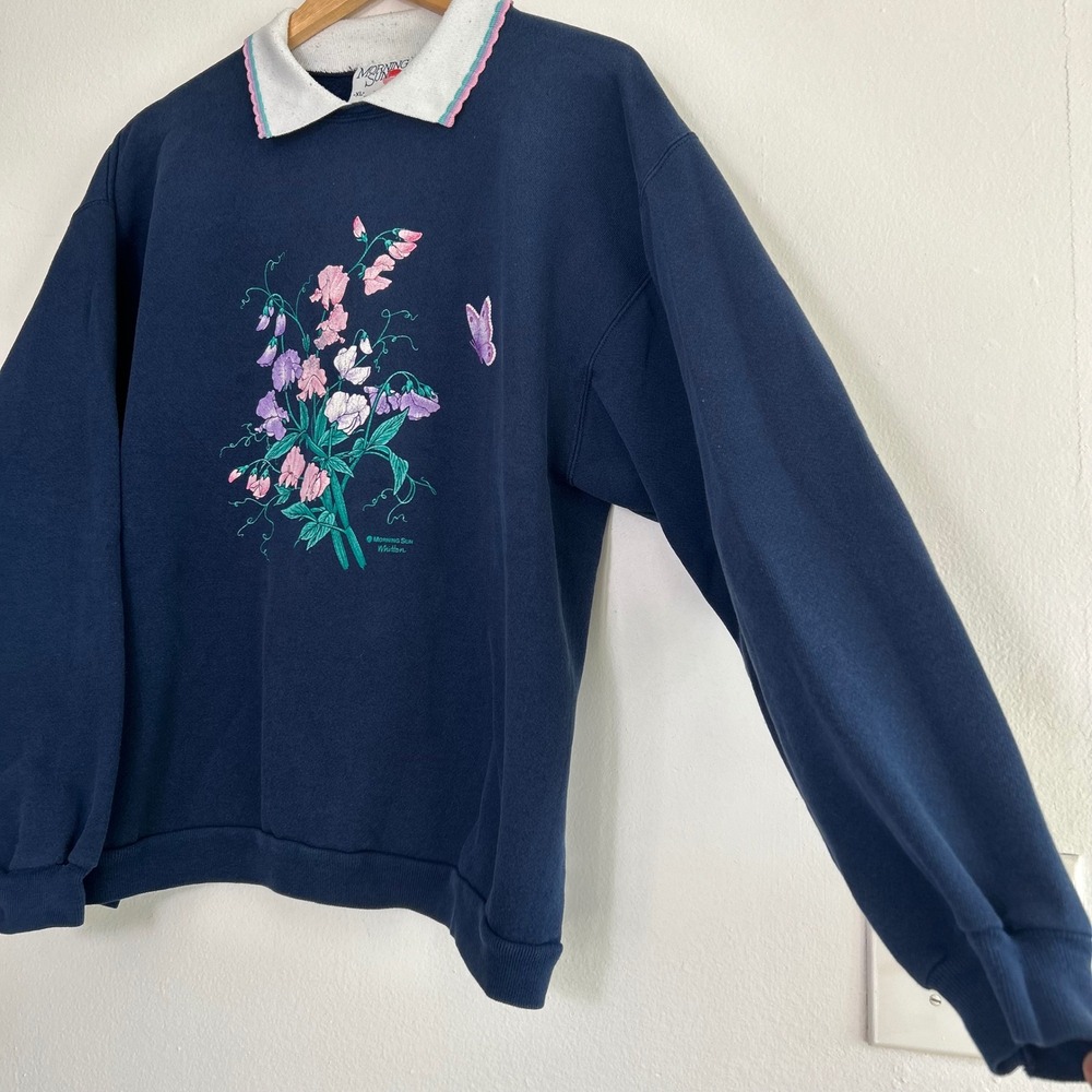 Vintage‎ 90s Morning Sun Sweatshirt Floral Butterfly Collared cottagecore - Picture 5 of 7